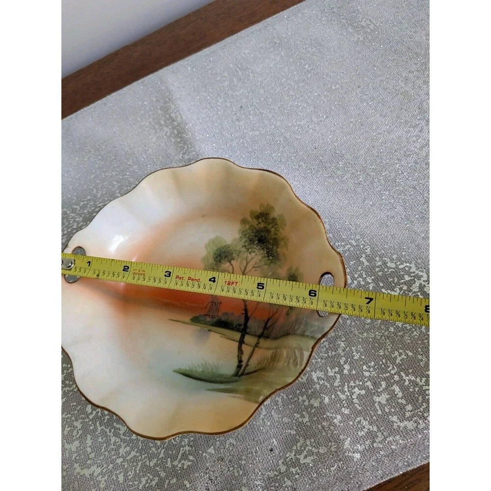 Hand Painted Vtg Nippon Oval Trinket Dish Windmill Orange Green Sunset Gold Trim